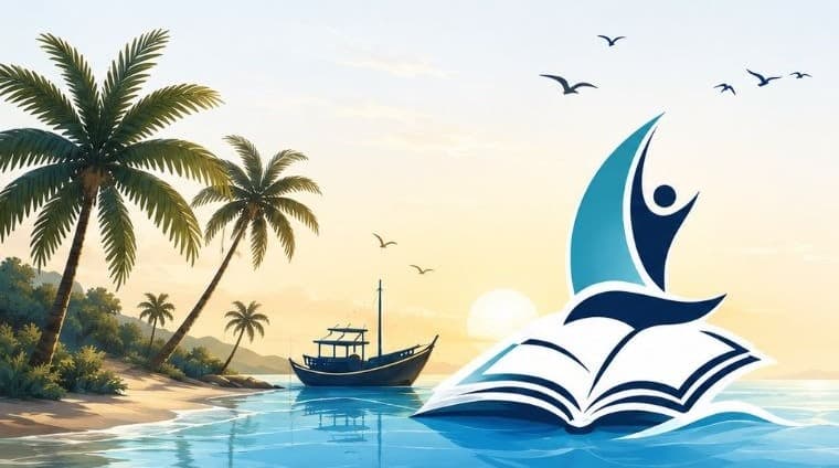 تصویرسازی برند دبیریار: کتاب باز، بادبان و دریا در طلوع آفتاب